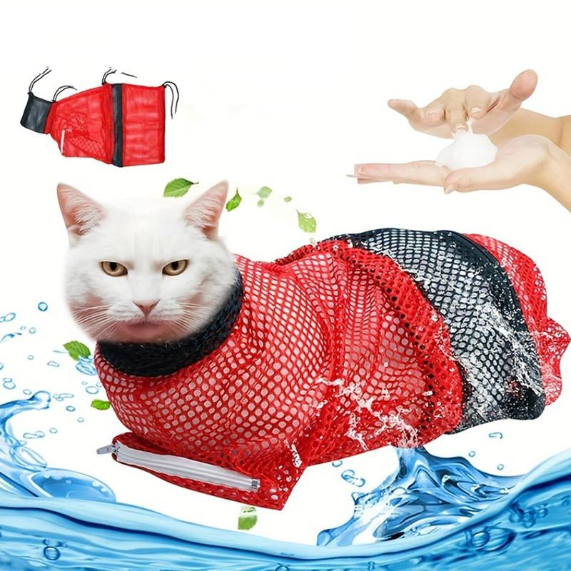 Cat Bathing Bag, 1 Count Breathable Mesh Cat Shower Bag, Adjustable Cat Grooming Bag for Nail Trimming, Bathing Polyester Soft Cat Washing Bag