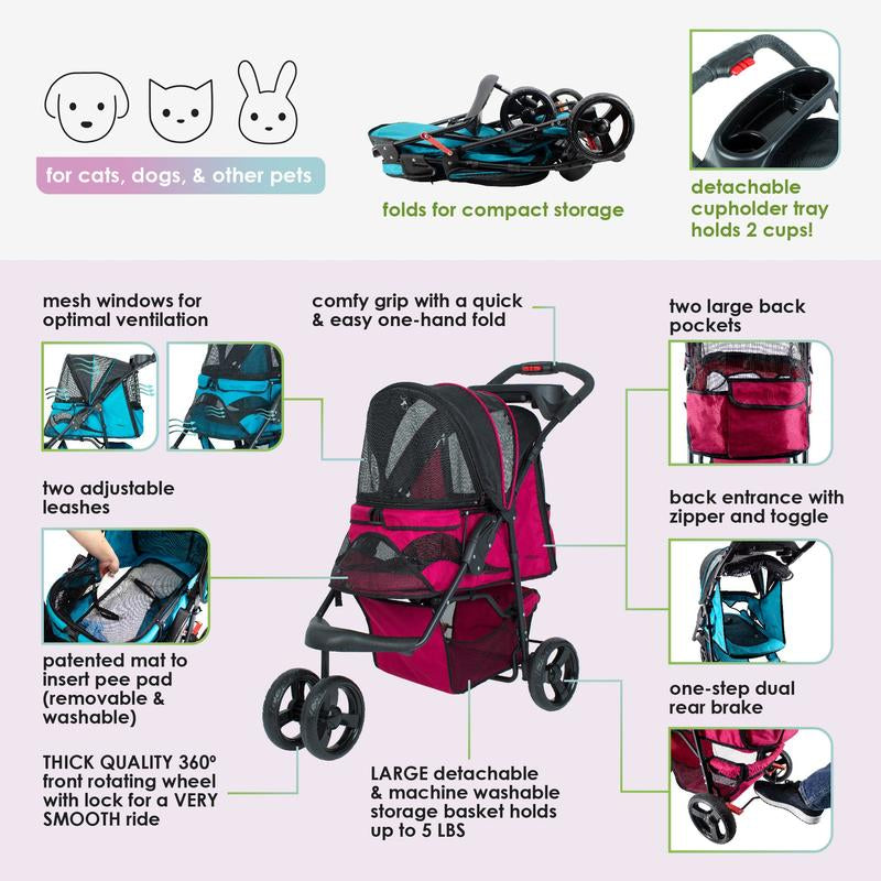 Durable Pet Stroller, Easy Fold, Large Storage Basket, Secure Cup Holder Tray, for Small to Medium Dog, Cat, Bunny, Supports Pets up to 55LBS