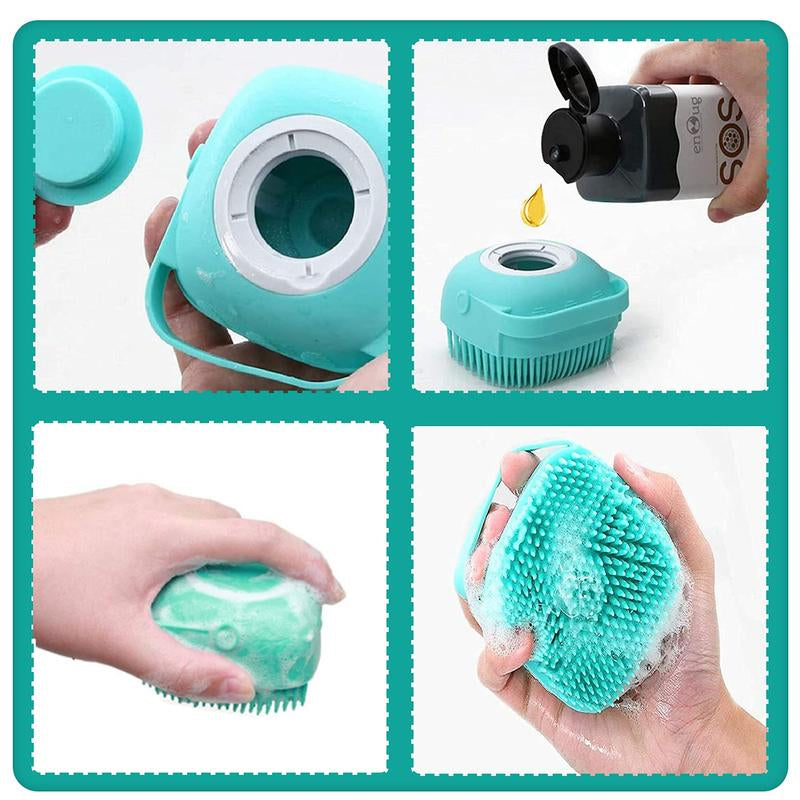 Dog Bath Brush, Soft Silicone Shampoo Dispenser Brush Scrubber Pet Massage Shower Grooming Washing Soap Brush with Adjustable Handle for Long Short Haired Dogs Cats Shower