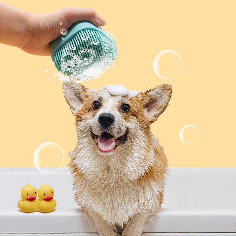 Dog Bath Brush, Soft Silicone Shampoo Dispenser Brush Scrubber Pet Massage Shower Grooming Washing Soap Brush with Adjustable Handle for Long Short Haired Dogs Cats Shower