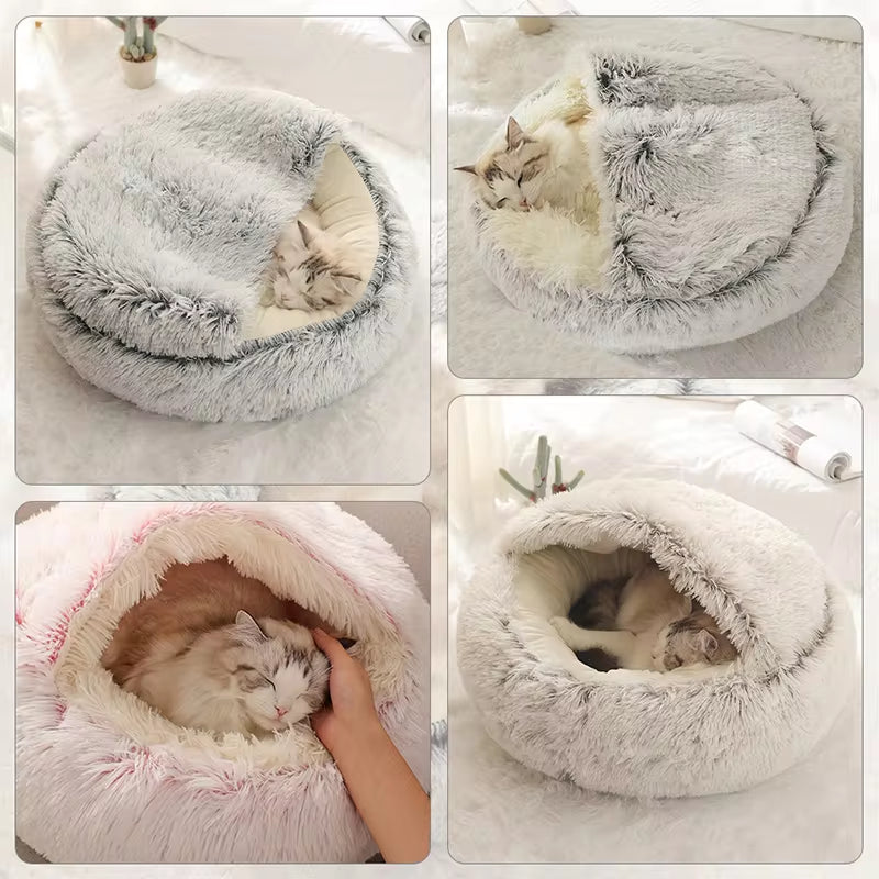 Winter Long Plush Pet Cat Bed round Cat Cushion Cat House 2 in 1 Warm Cat Basket Cat Sleep Bag Cat Nest Kennel for Small Dog Cat