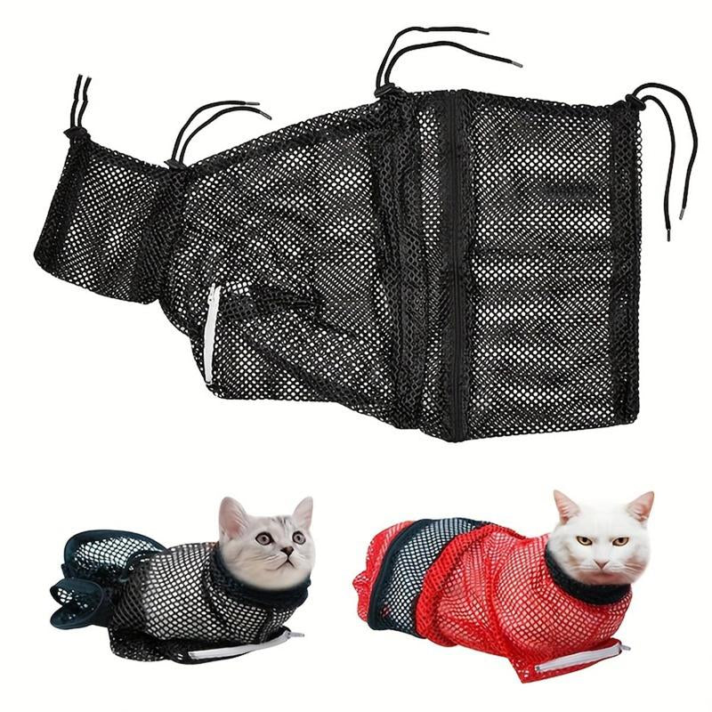 Cat Bathing Bag, 1 Count Breathable Mesh Cat Shower Bag, Adjustable Cat Grooming Bag for Nail Trimming, Bathing Polyester Soft Cat Washing Bag