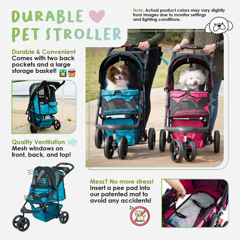 Durable Pet Stroller, Easy Fold, Large Storage Basket, Secure Cup Holder Tray, for Small to Medium Dog, Cat, Bunny, Supports Pets up to 55LBS