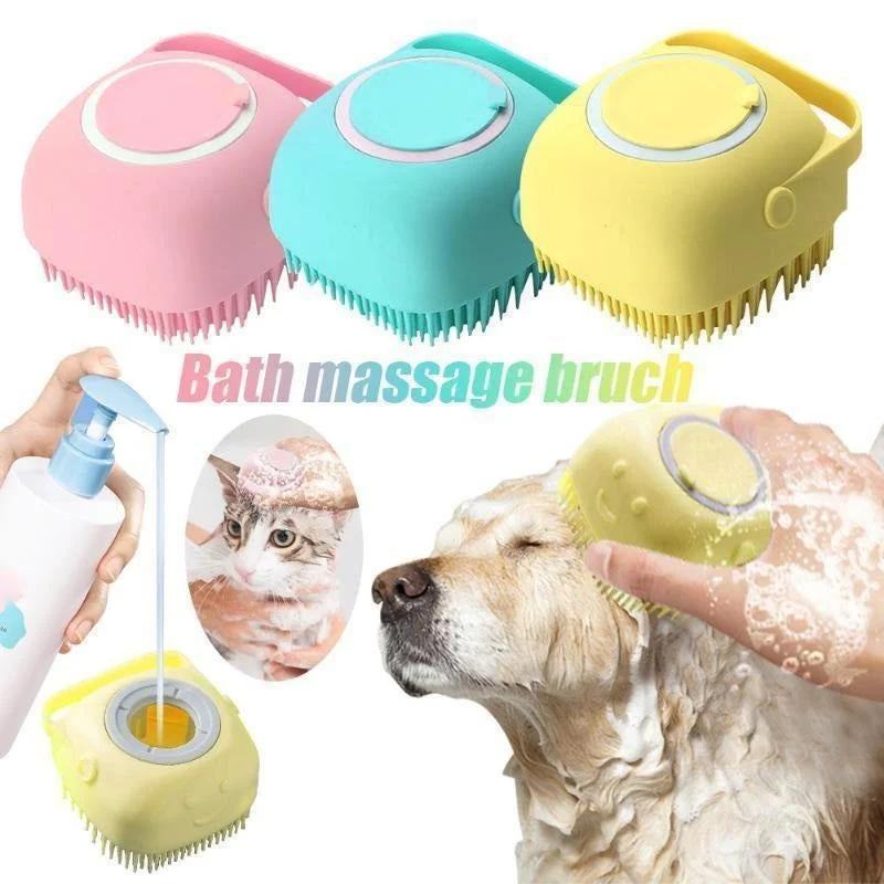 Dog Bath Brush, Soft Silicone Shampoo Dispenser Brush Scrubber Pet Massage Shower Grooming Washing Soap Brush with Adjustable Handle for Long Short Haired Dogs Cats Shower