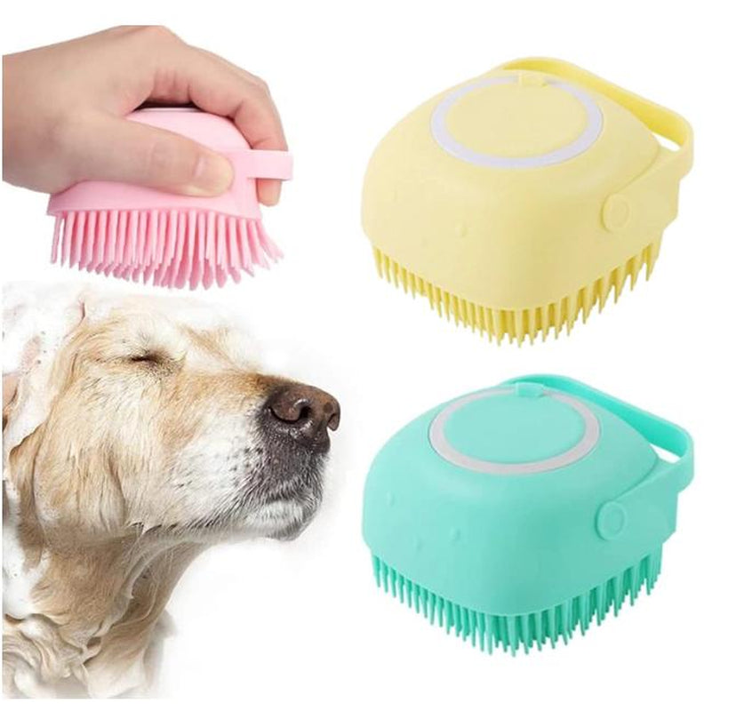 Dog Bath Brush, Soft Silicone Shampoo Dispenser Brush Scrubber Pet Massage Shower Grooming Washing Soap Brush with Adjustable Handle for Long Short Haired Dogs Cats Shower