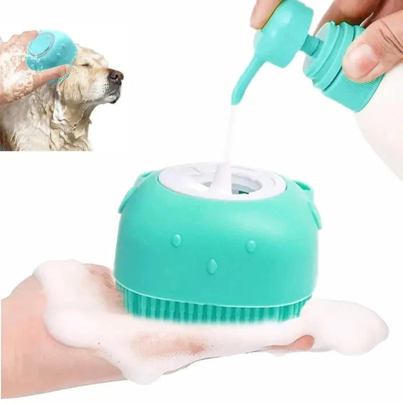 Dog Bath Brush, Soft Silicone Shampoo Dispenser Brush Scrubber Pet Massage Shower Grooming Washing Soap Brush with Adjustable Handle for Long Short Haired Dogs Cats Shower