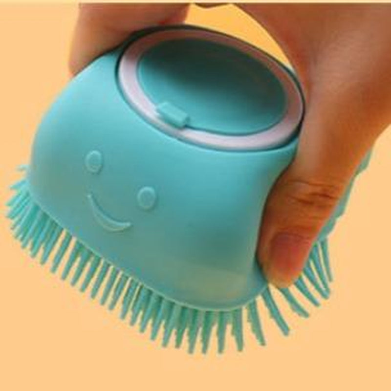 Dog Bath Brush, Soft Silicone Shampoo Dispenser Brush Scrubber Pet Massage Shower Grooming Washing Soap Brush with Adjustable Handle for Long Short Haired Dogs Cats Shower